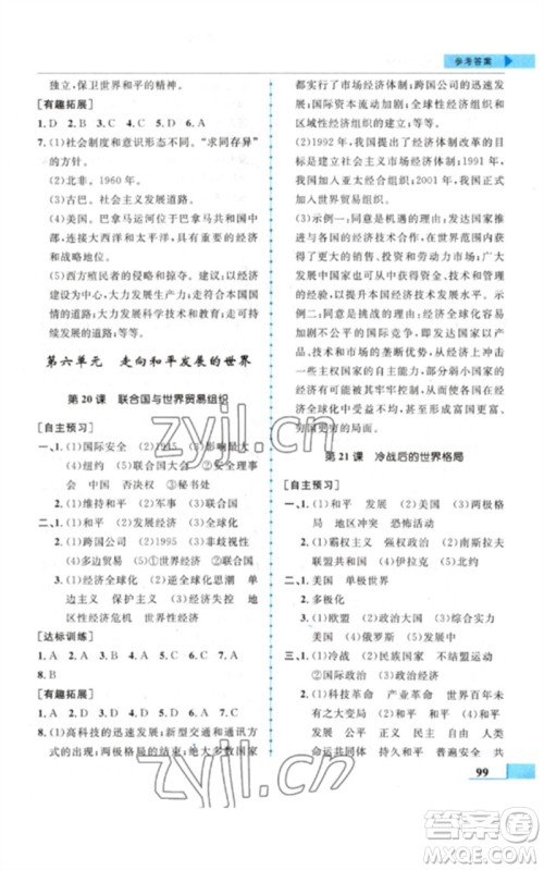 甘肃教育出版社2023名师点拨配套练习课时作业九年级历史下册人教版参考答案