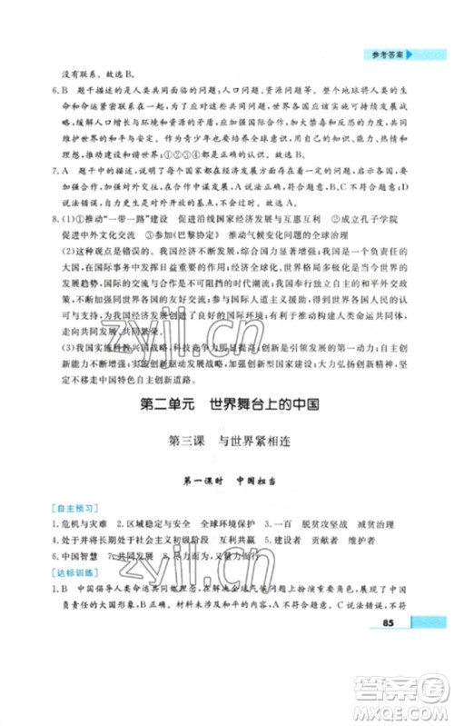 甘肃教育出版社2023名师点拨配套练习课时作业九年级道德与法治下册人教版参考答案
