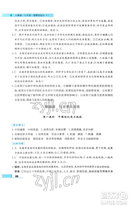 甘肃教育出版社2023名师点拨配套练习课时作业九年级道德与法治下册人教版参考答案