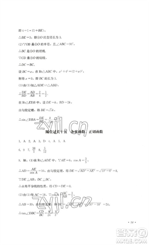 四川教育出版社2023学情点评九年级数学下册人教版参考答案