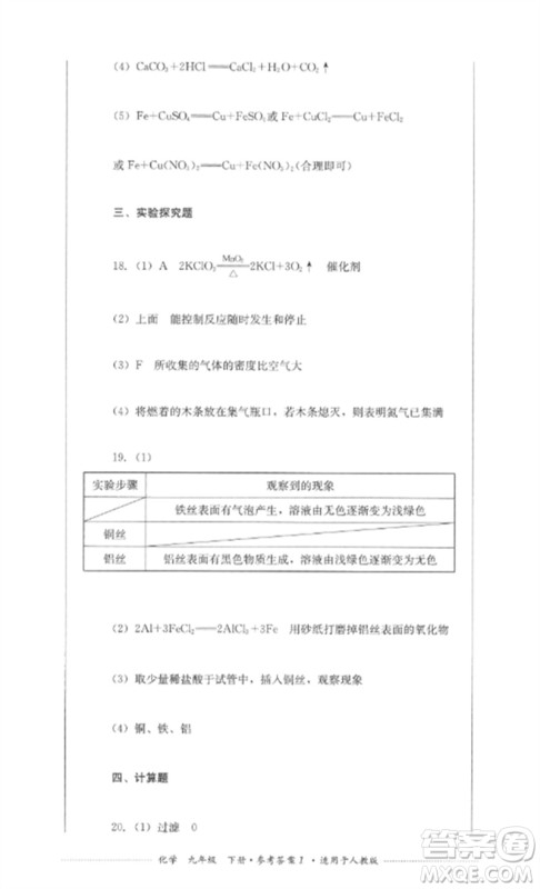 四川教育出版社2023学情点评九年级化学下册人教版参考答案