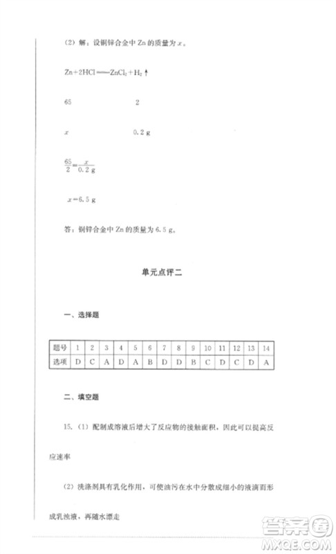 四川教育出版社2023学情点评九年级化学下册人教版参考答案