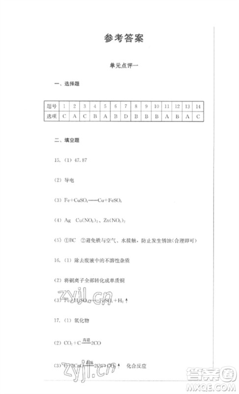 四川教育出版社2023学情点评九年级化学下册人教版参考答案