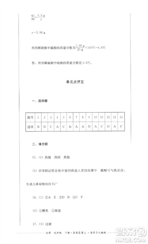 四川教育出版社2023学情点评九年级化学下册人教版参考答案