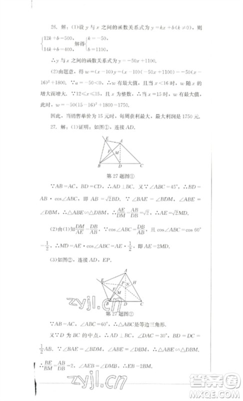 四川教育出版社2023学情点评九年级数学下册北师大版参考答案