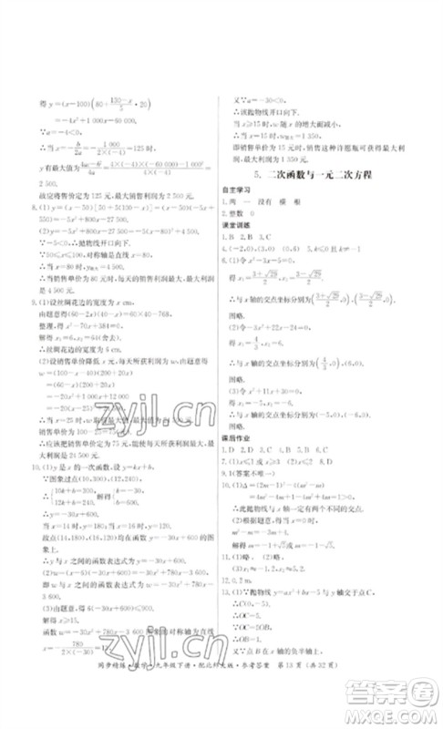 广东人民出版社2023名师小课堂同步精练九年级数学下册北师大版参考答案
