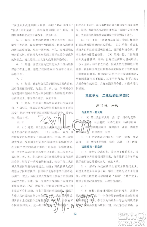 广东教育出版社2023南方新课堂金牌学案九年级下册历史人教版参考答案