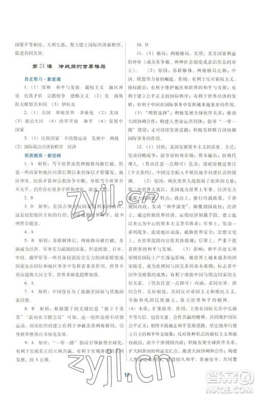 广东教育出版社2023南方新课堂金牌学案九年级下册历史人教版参考答案