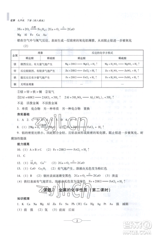 广东教育出版社2023南方新课堂金牌学案九年级下册化学人教版珠海专版参考答案