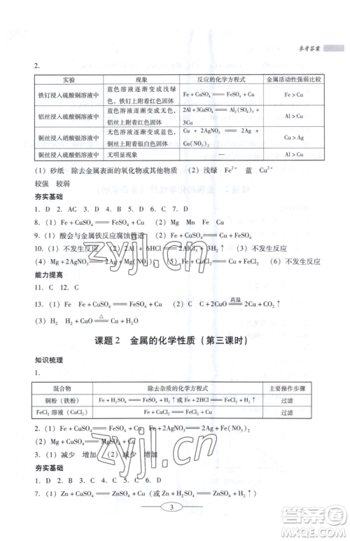 广东教育出版社2023南方新课堂金牌学案九年级下册化学人教版珠海专版参考答案