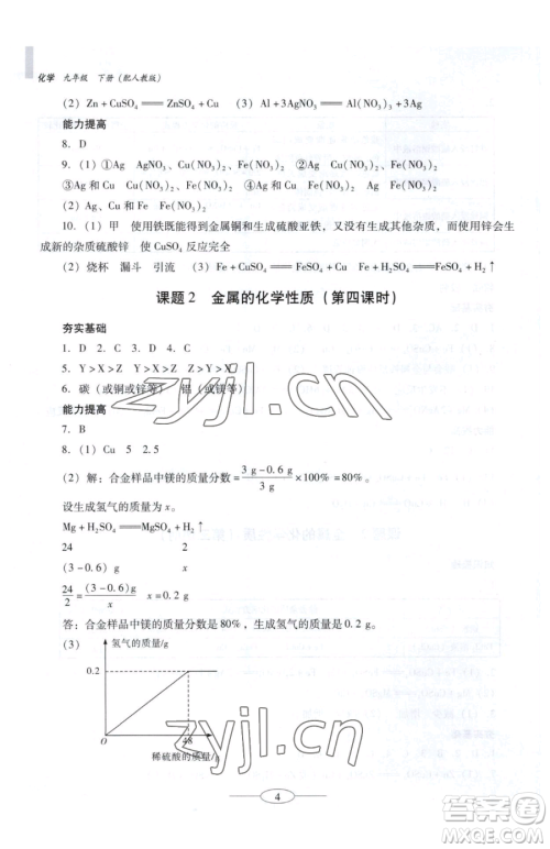 广东教育出版社2023南方新课堂金牌学案九年级下册化学人教版珠海专版参考答案