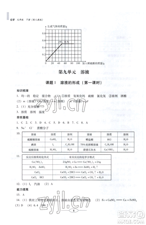 广东教育出版社2023南方新课堂金牌学案九年级下册化学人教版珠海专版参考答案