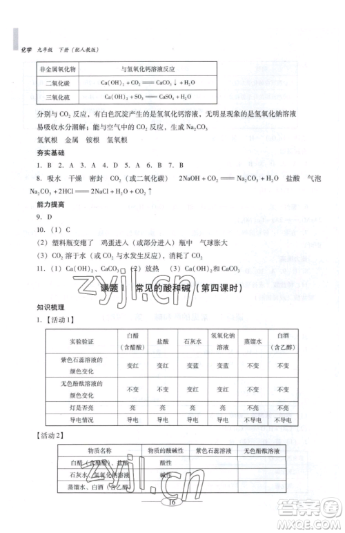 广东教育出版社2023南方新课堂金牌学案九年级下册化学人教版珠海专版参考答案