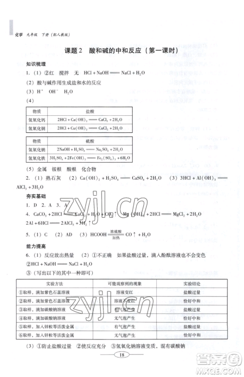 广东教育出版社2023南方新课堂金牌学案九年级下册化学人教版珠海专版参考答案