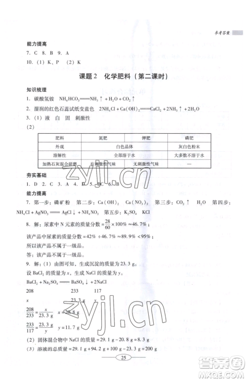 广东教育出版社2023南方新课堂金牌学案九年级下册化学人教版珠海专版参考答案