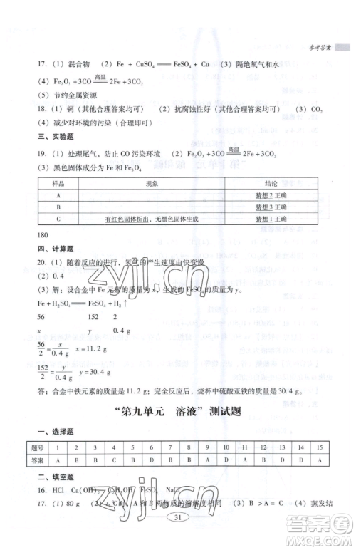 广东教育出版社2023南方新课堂金牌学案九年级下册化学人教版珠海专版参考答案