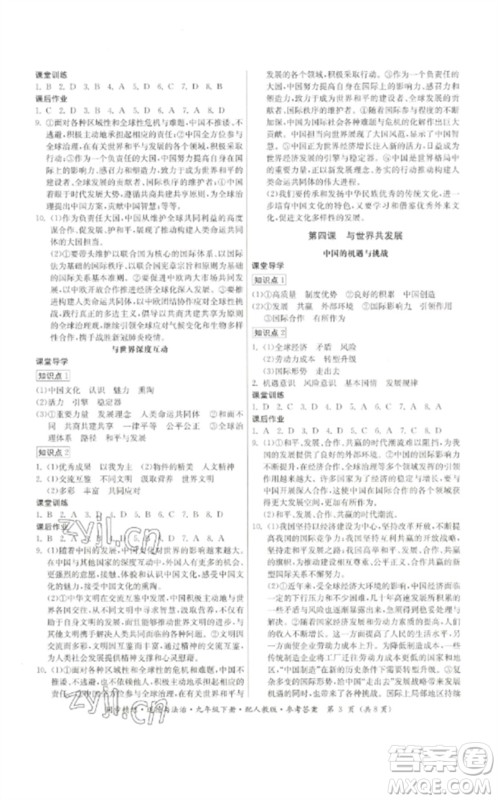 广东教育出版社2023名师小课堂同步精练九年级道德与法治下册人教版参考答案