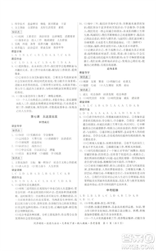广东教育出版社2023名师小课堂同步精练九年级道德与法治下册人教版参考答案