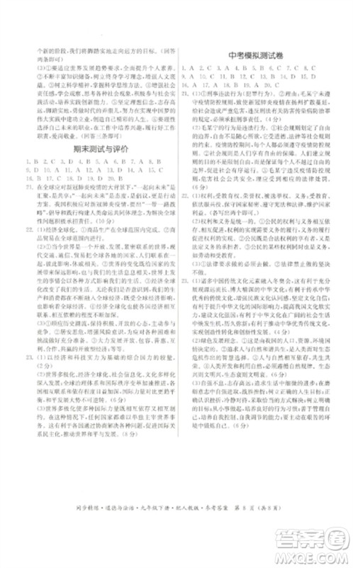 广东教育出版社2023名师小课堂同步精练九年级道德与法治下册人教版参考答案