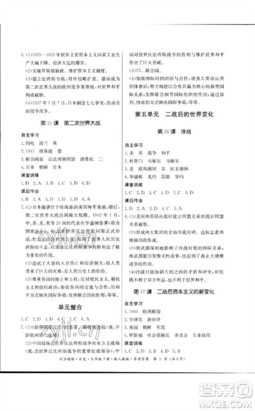 广东教育出版社2023名师小课堂同步精练九年级历史下册人教版参考答案