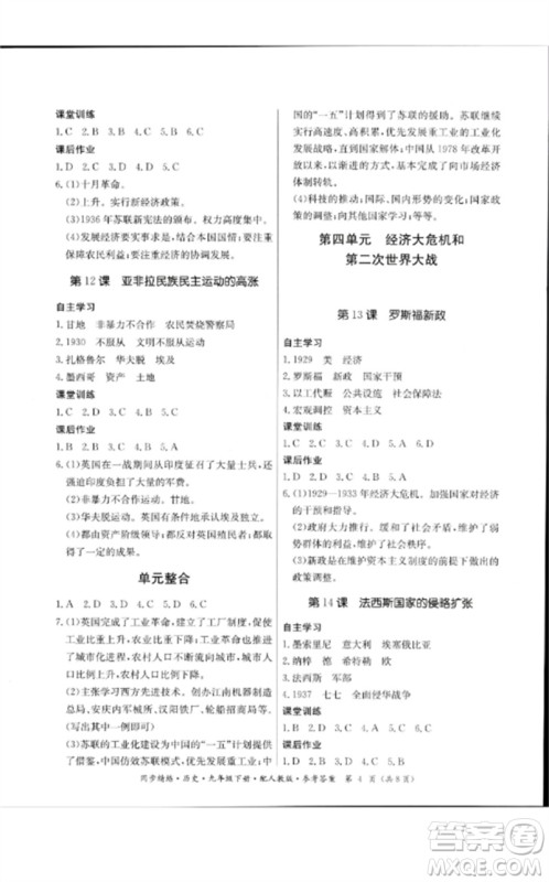 广东教育出版社2023名师小课堂同步精练九年级历史下册人教版参考答案