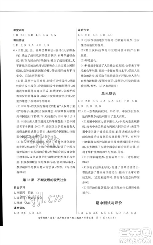 广东教育出版社2023名师小课堂同步精练九年级历史下册人教版参考答案