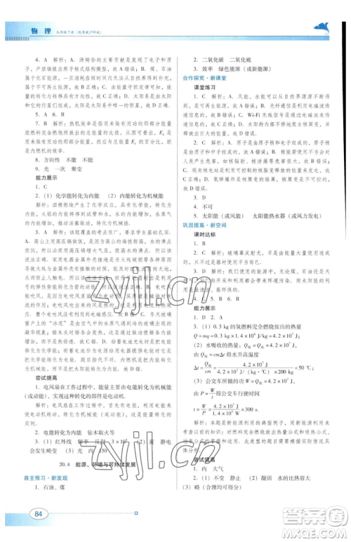 广东教育出版社2023南方新课堂金牌学案九年级下册物理沪粤版参考答案