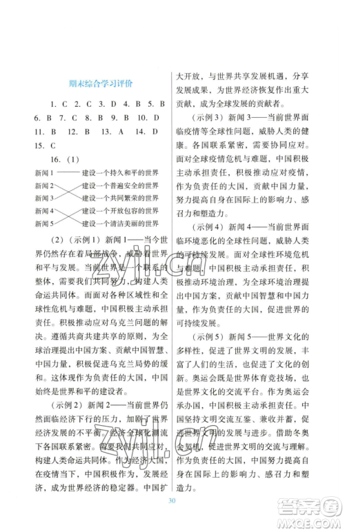 广东教育出版社2023南方新课堂金牌学案九年级下册道德与法治人教版参考答案