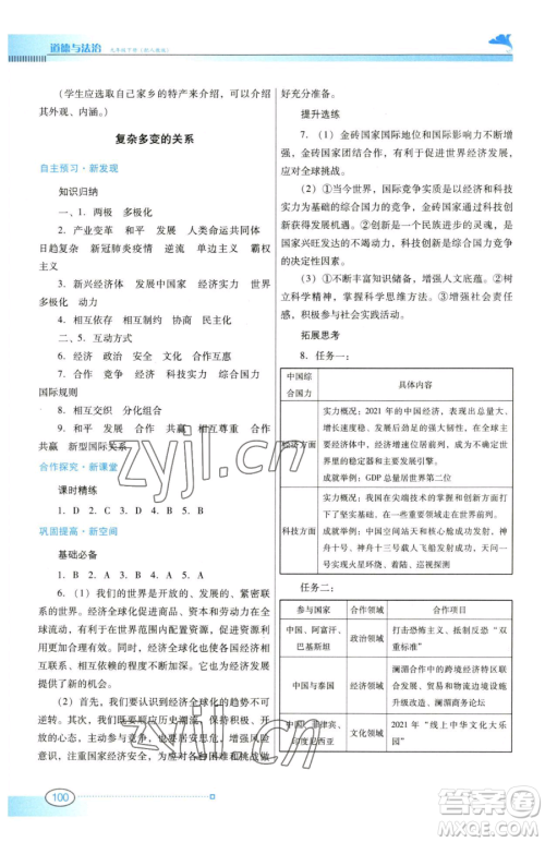 广东教育出版社2023南方新课堂金牌学案九年级下册道德与法治人教版参考答案