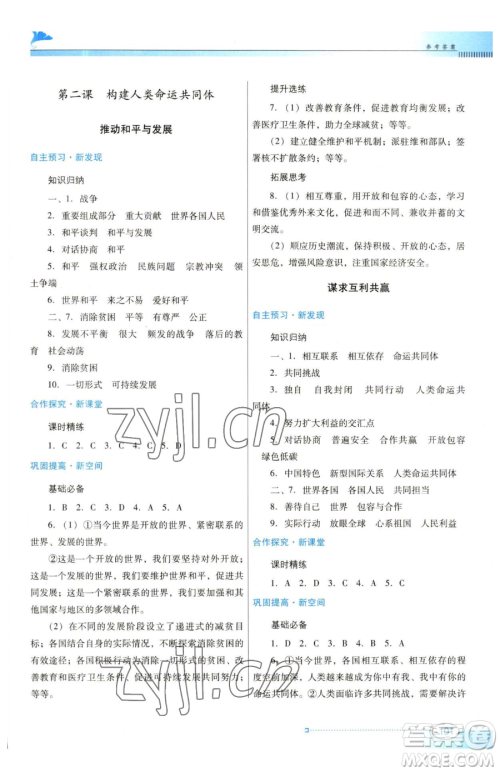 广东教育出版社2023南方新课堂金牌学案九年级下册道德与法治人教版参考答案