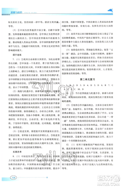 广东教育出版社2023南方新课堂金牌学案九年级下册道德与法治人教版参考答案