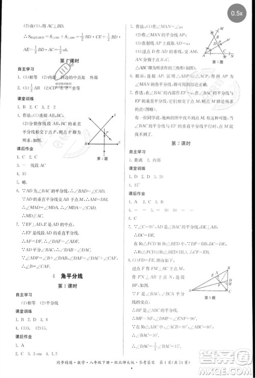 广东人民出版社2023名师小课堂同步精练八年级数学下册北师大版参考答案