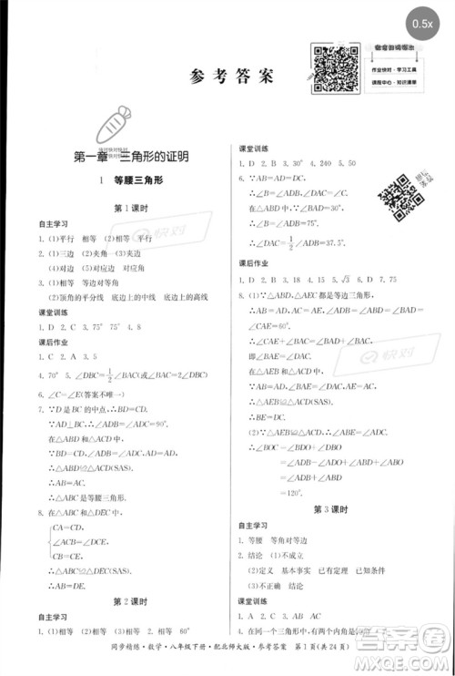 广东人民出版社2023名师小课堂同步精练八年级数学下册北师大版参考答案