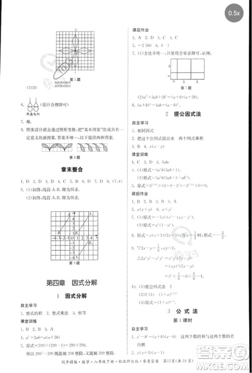 广东人民出版社2023名师小课堂同步精练八年级数学下册北师大版参考答案