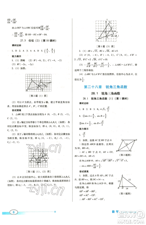 广东教育出版社2023南方新课堂金牌学案九年级下册数学人教版参考答案