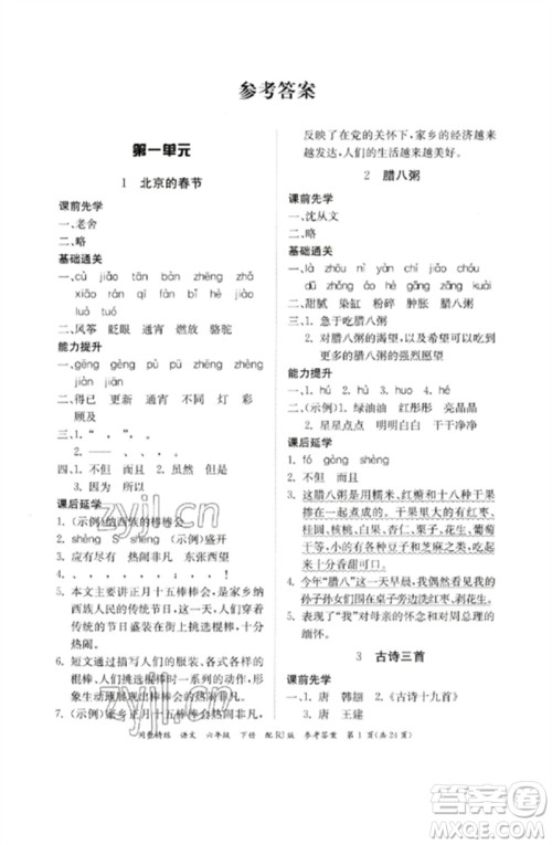 广东教育出版社2023同步精练六年级语文下册人教版参考答案