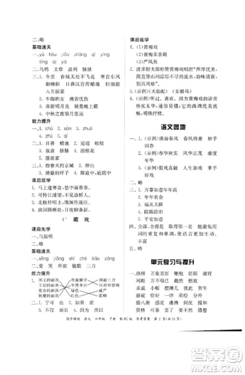 广东教育出版社2023同步精练六年级语文下册人教版参考答案