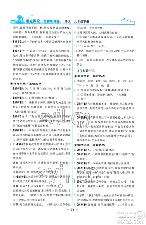 人民教育出版社2023阳光课堂金牌练习册九年级下册语文人教版参考答案