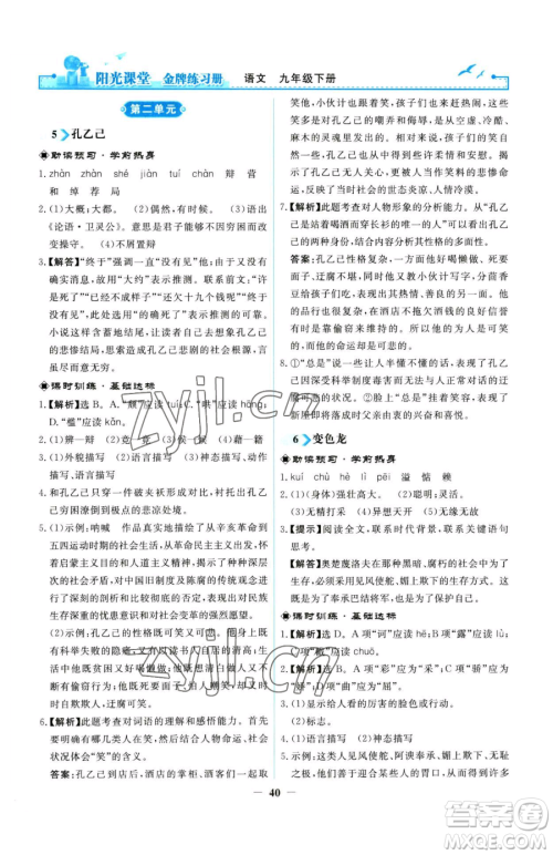 人民教育出版社2023阳光课堂金牌练习册九年级下册语文人教版参考答案 人民教育出版社2023阳光课堂金牌练习册九年级下册语文人教版参考答案