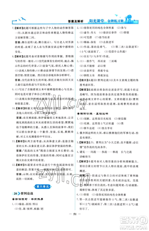 人民教育出版社2023阳光课堂金牌练习册九年级下册语文人教版参考答案