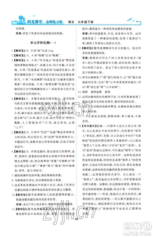 人民教育出版社2023阳光课堂金牌练习册九年级下册语文人教版参考答案