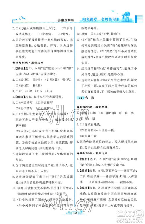 人民教育出版社2023阳光课堂金牌练习册七年级下册语文人教版福建专版参考答案