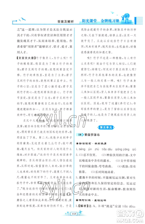 人民教育出版社2023阳光课堂金牌练习册七年级下册语文人教版福建专版参考答案
