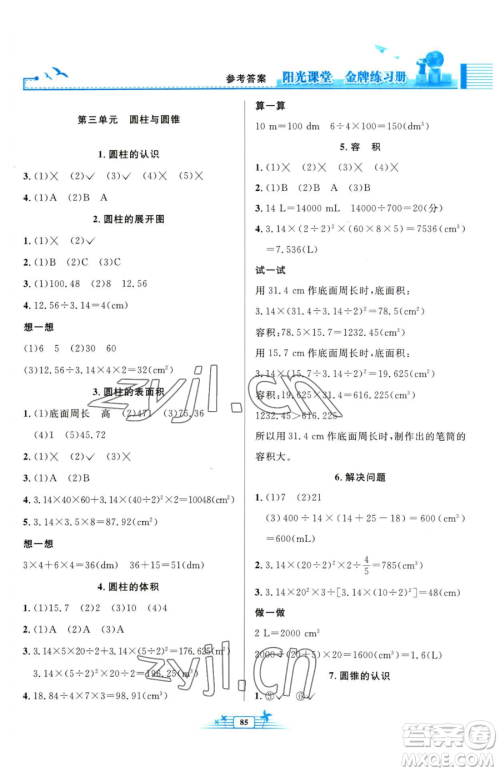 人民教育出版社2023阳光课堂金牌练习册六年级下册数学人教版参考答案