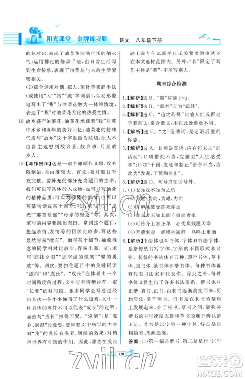 人民教育出版社2023阳光课堂金牌练习册八年级下册语文人教版福建专版参考答案