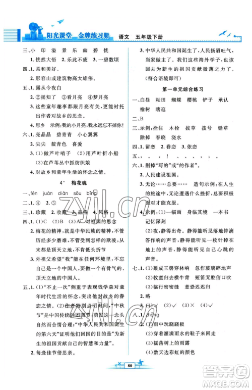人民教育出版社2023阳光课堂金牌练习册五年级下册语文人教版参考答案