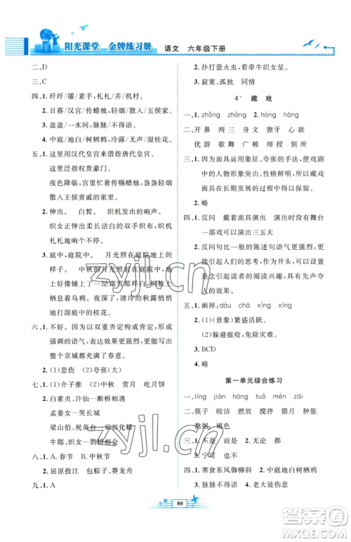 人民教育出版社2023阳光课堂金牌练习册六年级下册语文人教版参考答案