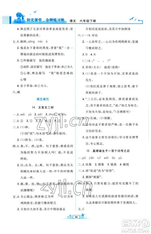 人民教育出版社2023阳光课堂金牌练习册六年级下册语文人教版参考答案