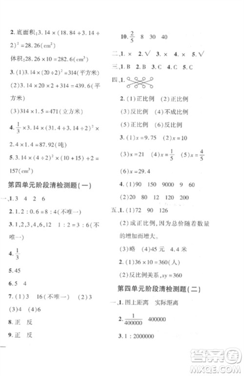 济南出版社2023教育世家状元卷六年级数学下册人教版参考答案