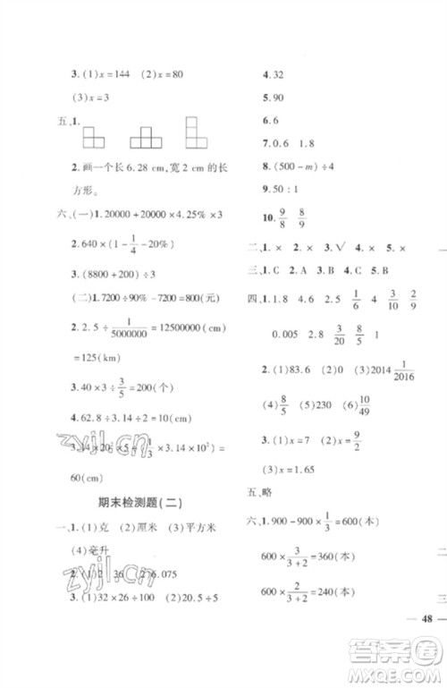 济南出版社2023教育世家状元卷六年级数学下册人教版参考答案